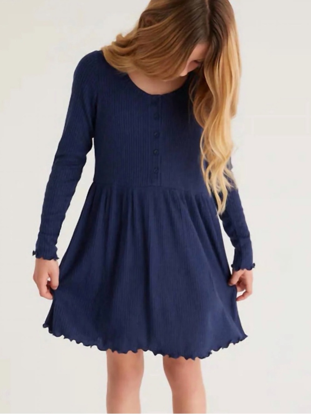 Z Supply Claire Girls' Navy Ribbed Long-Sleeve Knit Dress
